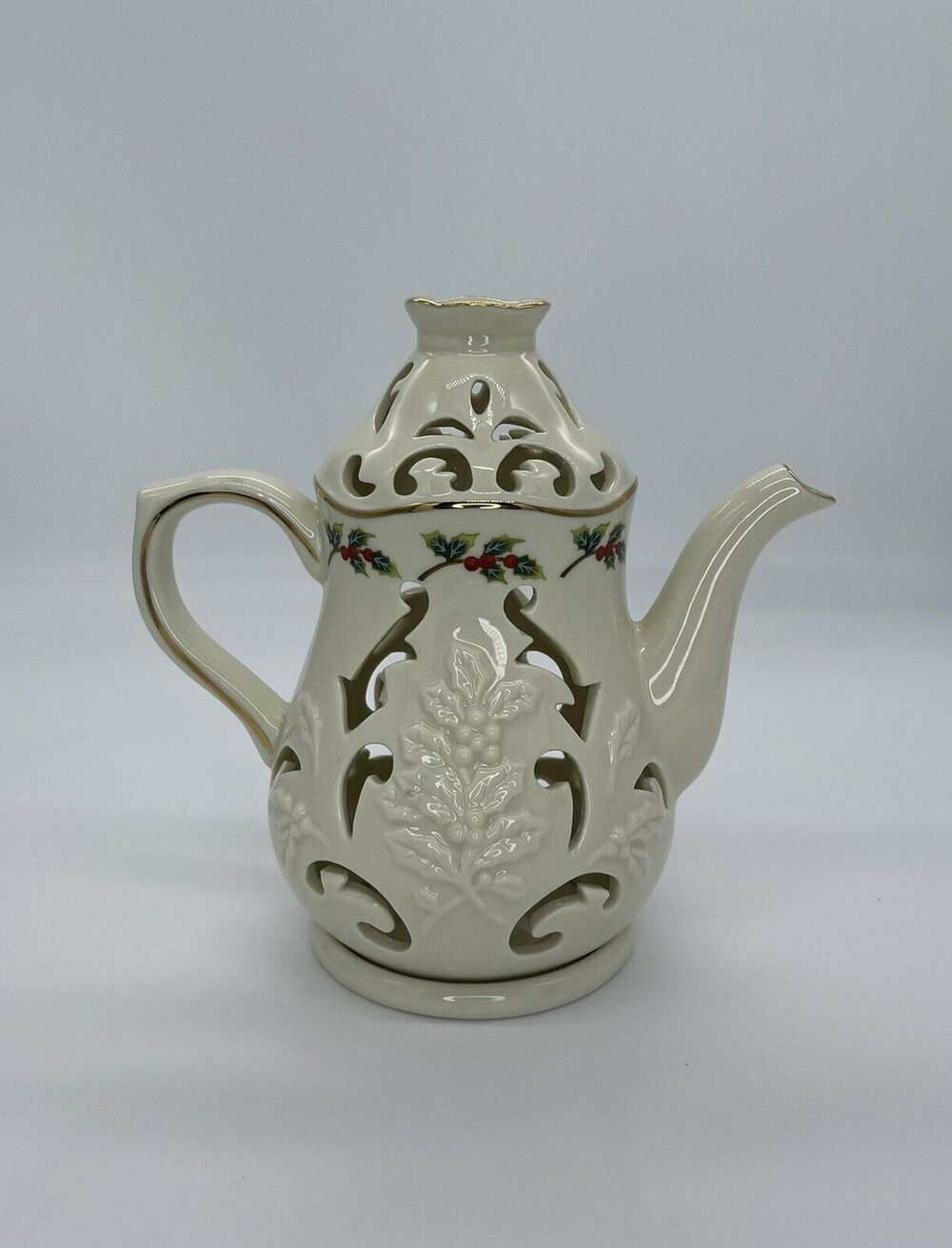 Partylite Holiday Christmas Porcelain Teapot Holly Leaf